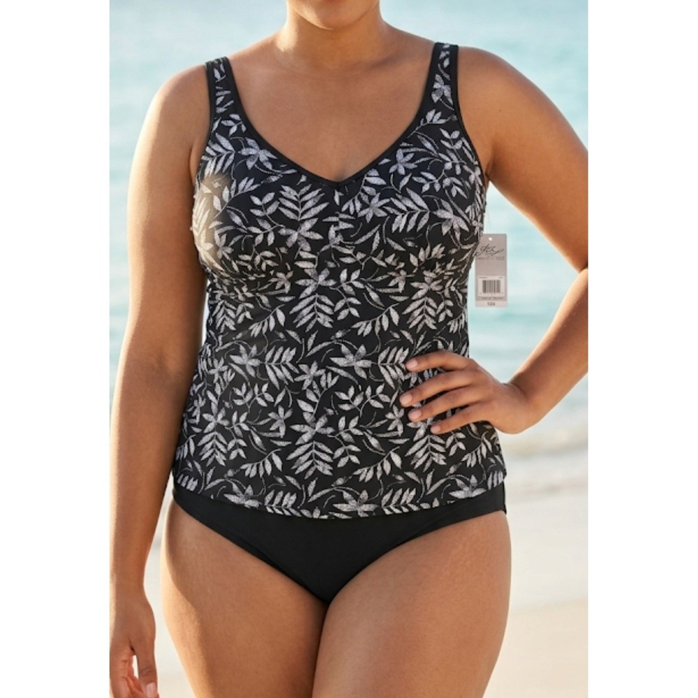 Your Best Look 2 Piece Tankini Swimsuit Plus 22W Black White Floral